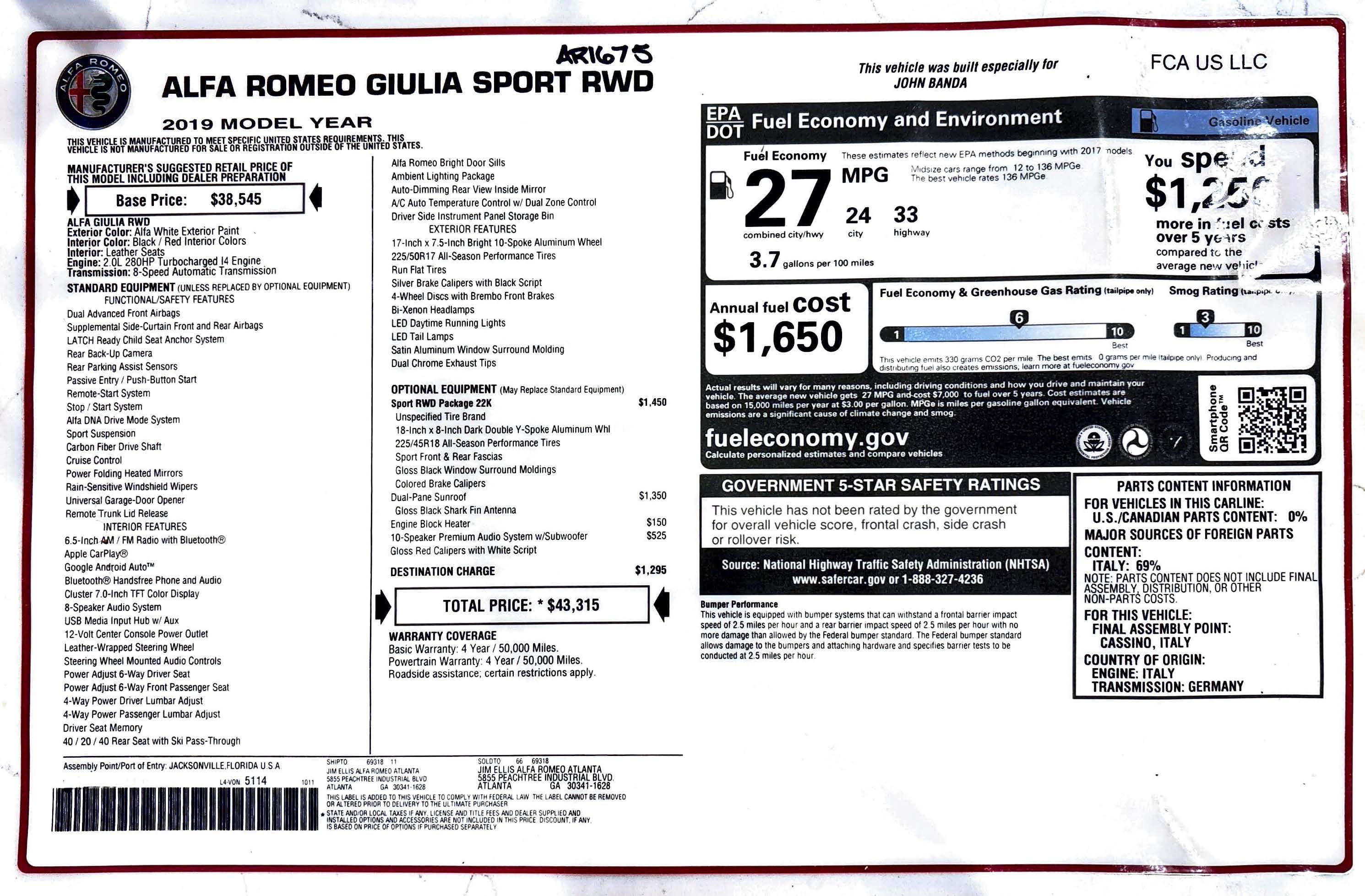 Used 2019 Alfa Romeo Giulia w/ Quick Order Package 22K Sport RWD image 4