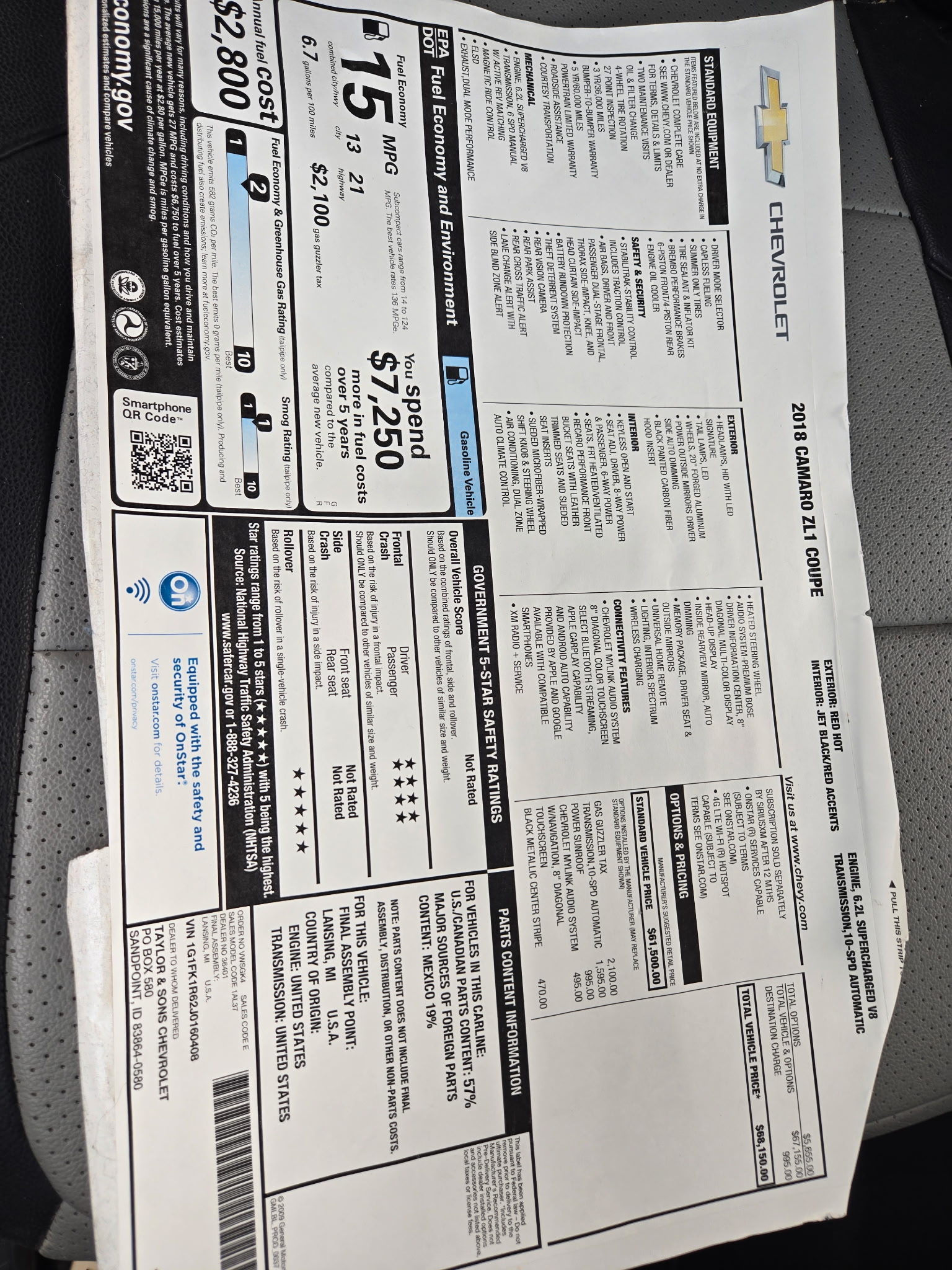 Used 2018 Chevrolet Camaro ZL1 RWD image 16