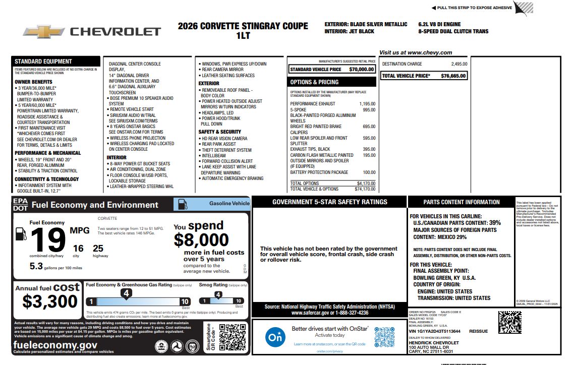 Used 2026 Chevrolet Corvette Stingray Coupe w/ Battery Protection Package RWD image 20