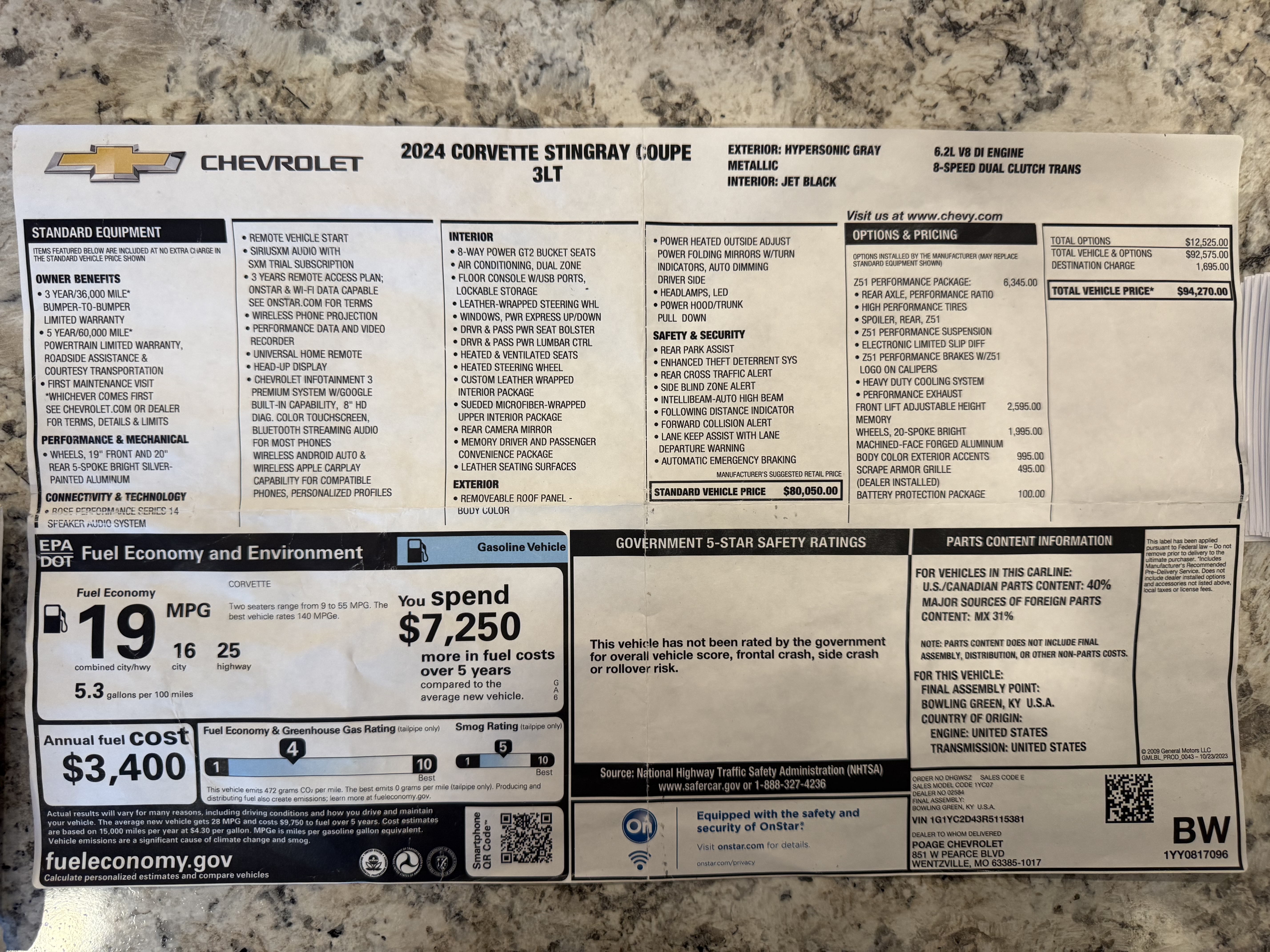 Used 2024 Chevrolet Corvette Stingray Premium Cpe w/ Z51 Performance Package RWD image 12