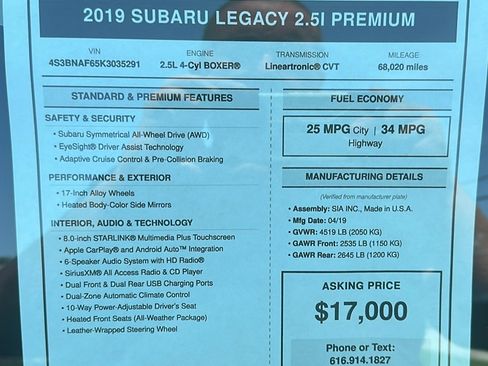 Used 2019 Subaru Legacy 2.5i Premium AWD/4WD image 1