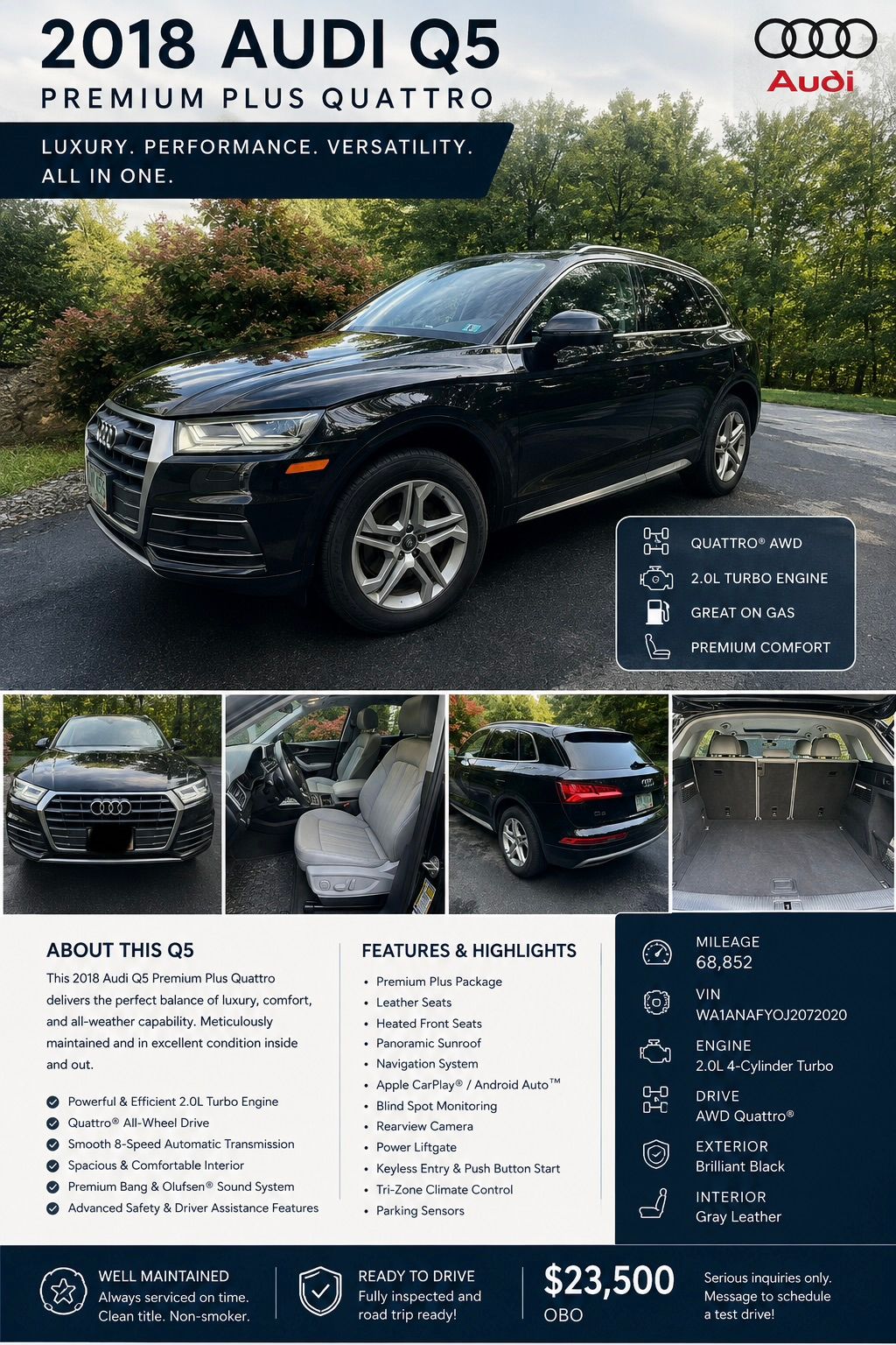 Used 2018 Audi Q5 2.0T Premium Plus w/ Premium Plus Package AWD/4WD image 1
