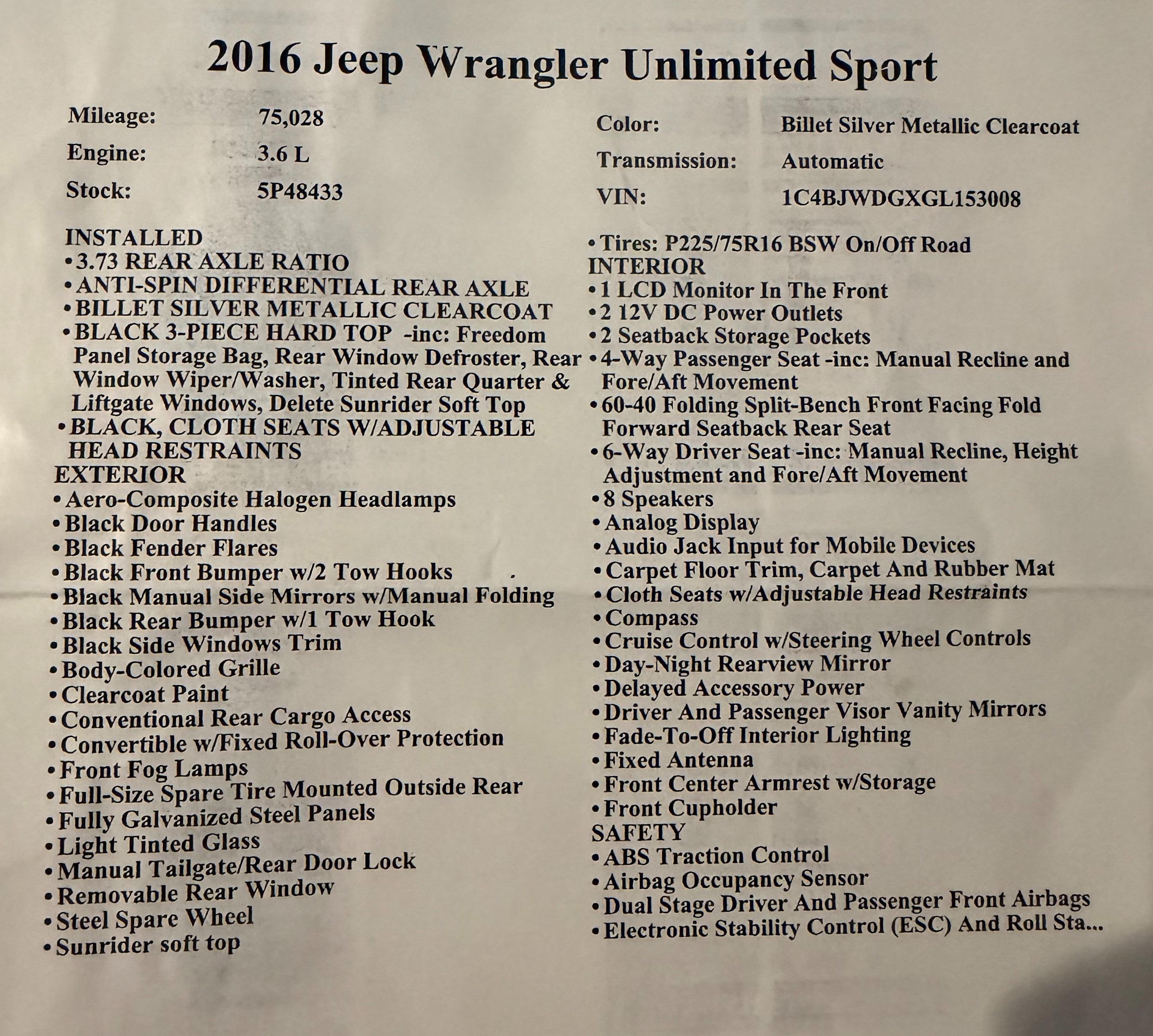 Used 2016 Jeep Wrangler Unlimited Sport w/ Quick Order Package 24S AWD/4WD image 15