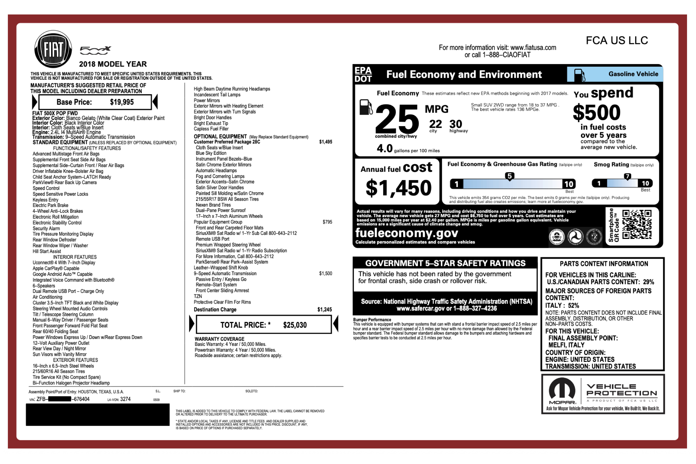 Used 2018 FIAT 500X Pop w/ Popular Equipment Group FWD image 2