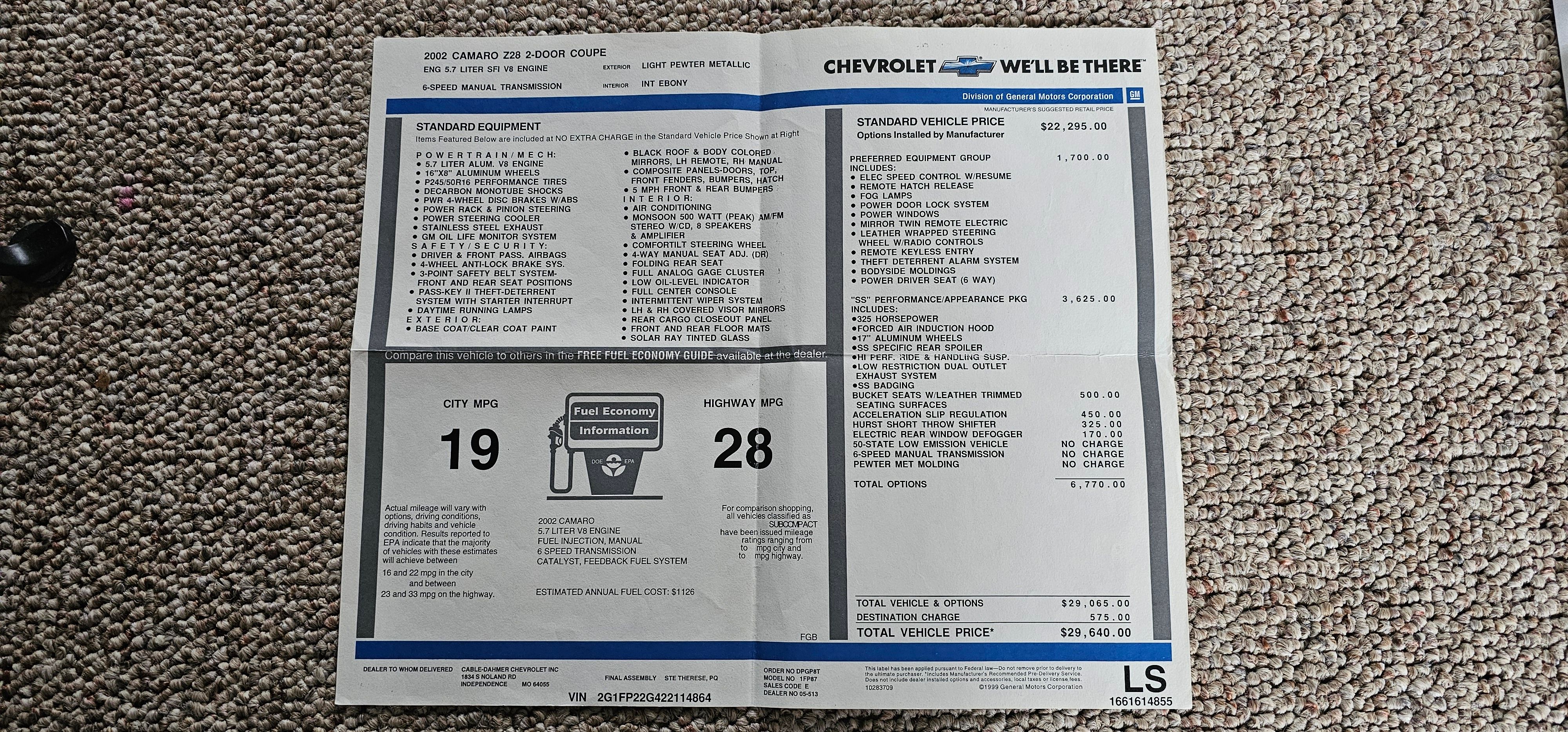 Used 2002 Chevrolet Camaro Z28 w/ SS Performance/Appearance Pkg RWD image 13