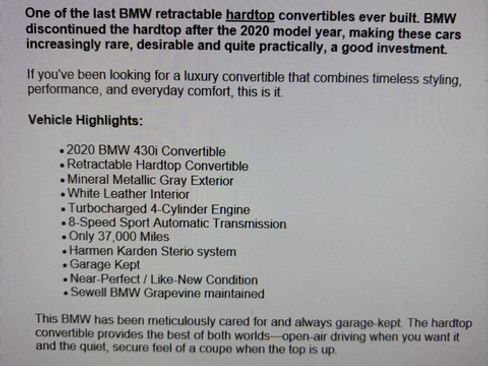Used 2020 BMW 430i Convertible w/ Executive Package RWD image 12